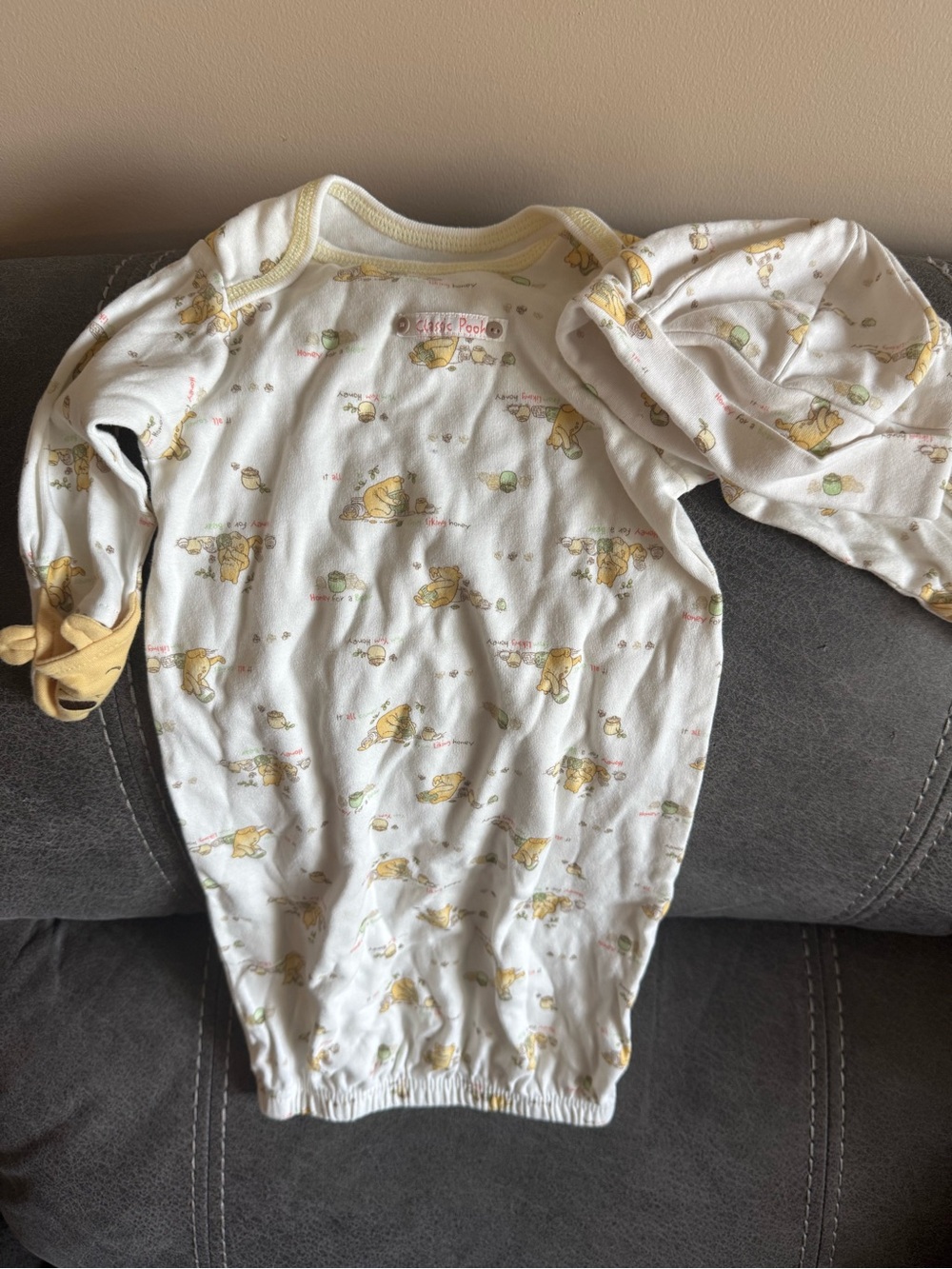Cute Baby Gown - Yellow Winnie the Pooh Print